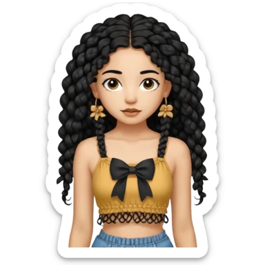 Girl with long black hair curly knotless boho braids mixed girl crop top with a bow on the crop top sticker