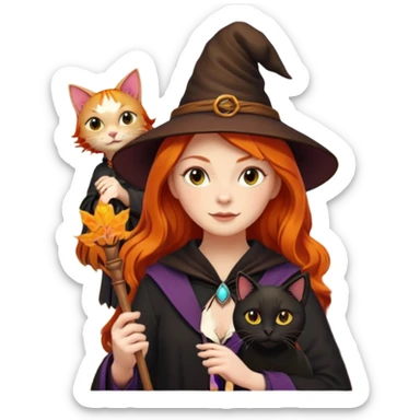 ginger witch with a black cat familiar, holding a wand, surrounded by autumn leaves sticker