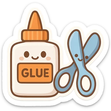 bottle of glue with orange label and tip and a pair of blue scissors, flat toon vector illustration sticker