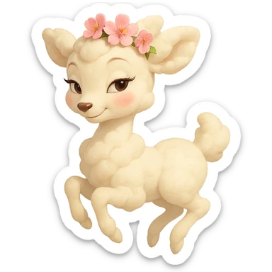 elegant feminine vanilla cloud doe with rosy cheeks and cherry flowers on its head, floating gracefully, Pixar art style, confident charming subtly alluring tasteful family-friendly social media brand mascot sticker
