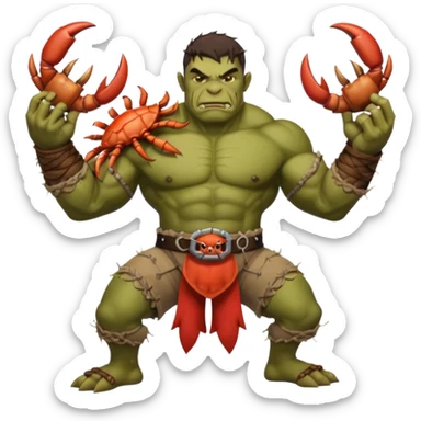 orc male flexing with giant crab. Torn net shorts, claw trophy belt sticker