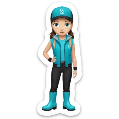 A landscaper in a beautiful turquoise jacket and turquoise rubber boots, black pants, and a black sleeveless shirt. On her head is a black color Swissotel baseball cap. The girl is a brunette with blue eyes. sticker