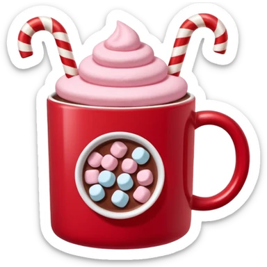 hot chocolete with pastel pink marshmallows in red christmas mug with stars and candy cane, trendy aesthetic sticker