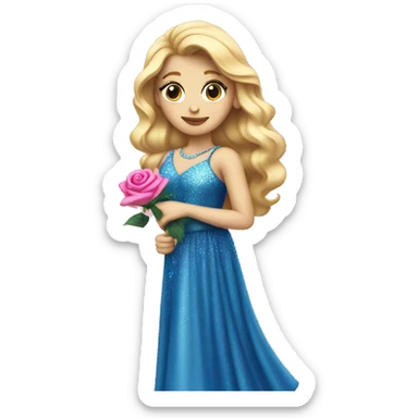 Blonde princess in a blue sparkly dress holding a pink rose sticker
