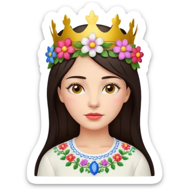 Ukrainian woman in a white embroidered shirt with dark hair and a crown of flowers on her head sticker