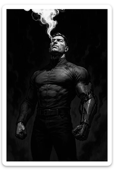 Cinematic Black and white comic book panel of an extremely muscular Italian man with cybernetic implants standing in the dark, surrounded by smoke. He is wearing a long-sleeved shirt with a high collar, and his chest is sculpted. sticker