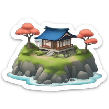 Small Japanese house with a blue roof and a torii gate on an island sticker