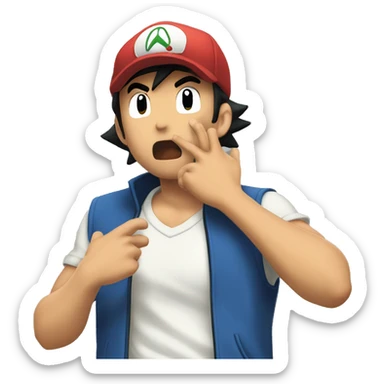  scene where a ash ketchum  puts his hands on his mouth, gesturing for silence with a 'shhhh.' What's happening around him? What might he be trying to convey or hide with that gesture sticker