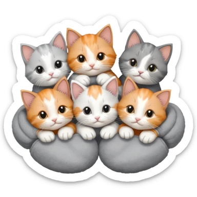6 tiny kittens cuddling together all various different natural colours including solid grey with white mittens, grey and white, ginger and white, calico, and brown and white sticker