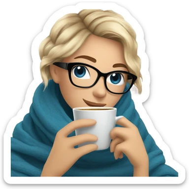 Balayage short hair Girl drinking coffee, with a cozy blanket wearing glasses with blue eyes beautiful  sticker
