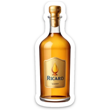 iconic tall Ricard bottle with broad shoulders and narrow base, amber-colored glass, short neck, metallic screw cap, warm golden-brown liquid inside, no label or text, distinctive silhouette, soft lighting, subtle shadows, transparent background, emoji scale sticker
