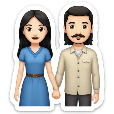 couple, a white girl with long black hair, holding hands with a white guy with short brown hair goatee mustache sticker