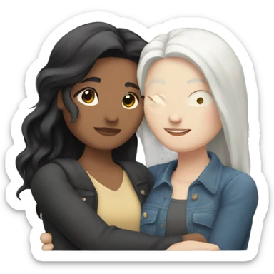 A lesbian couple that both have white skin and long black hair are hugging intimately, and romantically. sticker