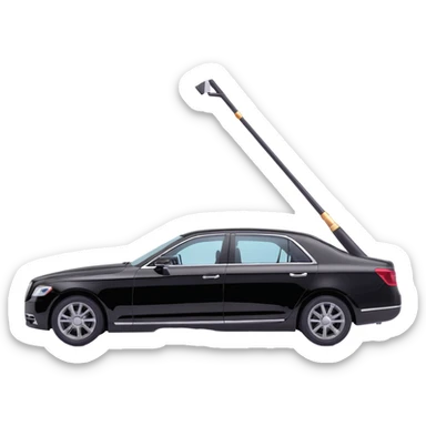 luxury black car resembling Porsche or BMW, with a hammer and a rod forming an X, floating and touching the rear right corner of the car's bodywork, a long rectangular reflection lamp illuminating the upper part of the door, elegant and modern sticker