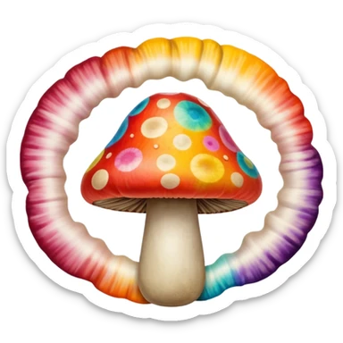 Baloney sitting on a tiedye mushroom sticker