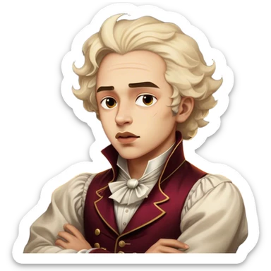 Cinematic Realistic Beethoven Portrait Emoji, depicted as a passionate composer with intense expressive features in period attire, rendered with rich textures and dramatic moody lighting that captures the turbulent genius of his music. sticker