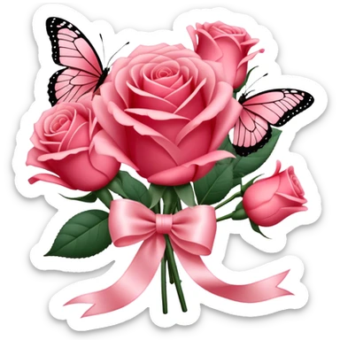 "Lush Blush Red roses wrapped in a silky Rose Quartz ribbon, their beauty enhanced by a fluttering Carnation Pink butterfly. The scene radiates romance and grace." sticker