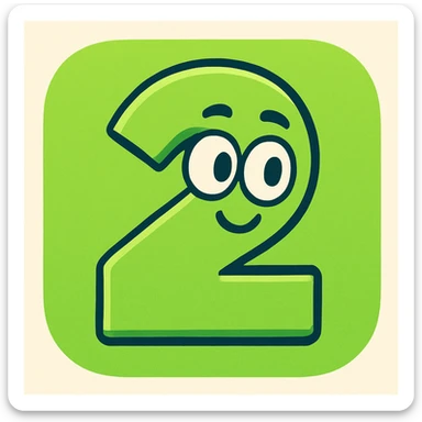 modern app icon featuring the number 2 in the style of Duolingo, playful rounded shapes, bright green color, simple friendly design sticker