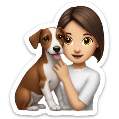 brunette girl with brown eyes holds a puppy Jack Russell dog with brown eyes sticker