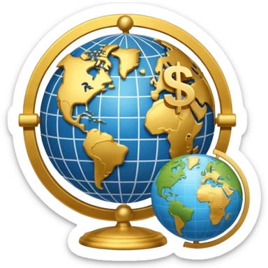 An icon featuring  a dollar sign, and a chart with upward trends, symbolizing economics. The design includes coins, bills, and a globe, representing global trade and financial systems. Transparent background highlights the study of markets, supply, and demand. sticker