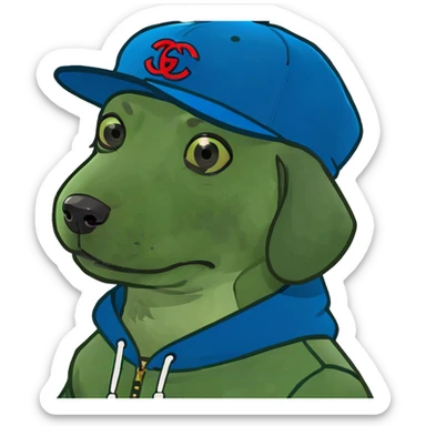 Hund mit blauen hoodie und gucci kapı sticker