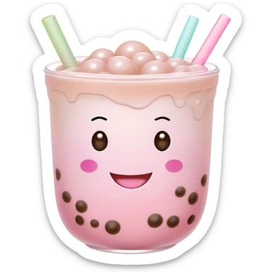 Cute Kawaii Boba Tea Cup, with a happy smiling face, chubby round shape, pastel pink and brown colors, soft glowing highlights, adorable tapioca pearls floating inside, sparkling eyes full of joy! sticker