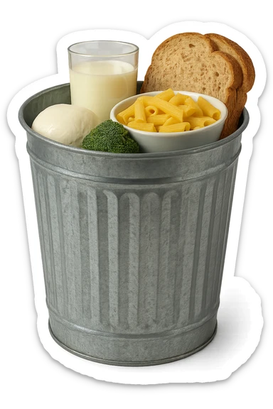 SECCHIO DELLA SPAZZATURA DENTRO CUI CADE UNA MOZZARELLA, UN BICCHIERE DI LATTE, UNA BOWL DI PASTA, QUALCHE BROCCOLO, QUALCHE FETTINA DI PANE sticker