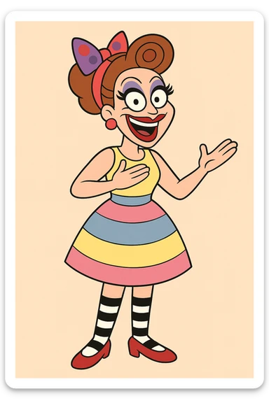 Bianca Del Rio red and purple spots hair ribbon yellow pink blue and Stripes dress black and white stripes socks red shoes  sticker