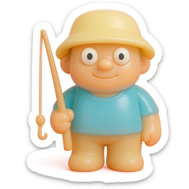 hyper-detailed retro 90's toy style semi-transparent soft plastic fisherman with derpy eyes natural colors tan skin blue shirt yellow hat no tag no background soft reflections soft and squishy some cloudiness not shiny highly detailed appealing sticker