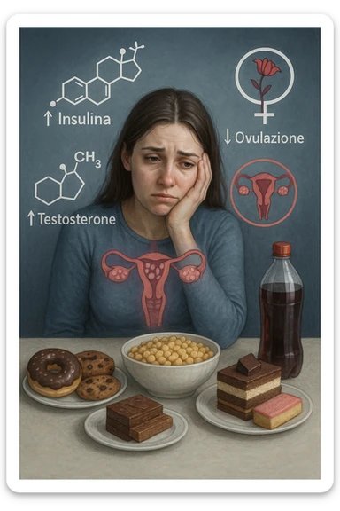 Donna tra i 25 e i 35 anni con espressione affaticata e delusa, seduta a tavola. Davanti a lei cibi ad alto indice glicemico: dolci industriali, cereali raffinati, bibite zuccherate. In trasparenza sopra il suo corpo si vedono ovaie con cisti multiple (PCOS) e un simbolo stilizzato di fertilità (utero con fiore appassito o cerchio spezzato). Attorno a lei fluttuano molecole simboliche come '↑ Insulina', '↑ Testosterone', '↓ Ovulazione'. Atmosfera triste ma educativa. Colori freddi con accenti in rosso e viola. Stile realistico con elementi visivi simbolici chiari in italiano sticker
