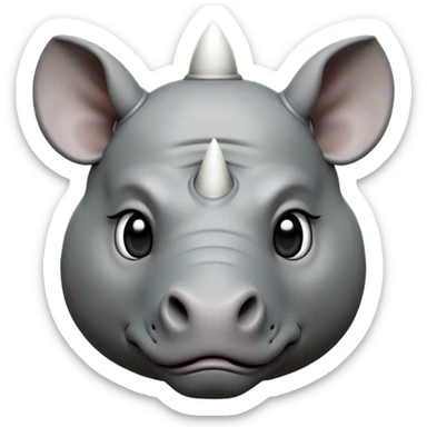 cinematic-noble-cute-rhino-portrait-emoji,slate-grey-hide-poised-and-regal,-with-a-massive,-powerful-build-and-a-thick,--deep-set-soulful-piercing-eyes,-simplified-yet-sharp-and-sophisticated-features,-highly-detailed,-large-black-eyes, white horn, front facing, zoomed out showing shoulders sticker