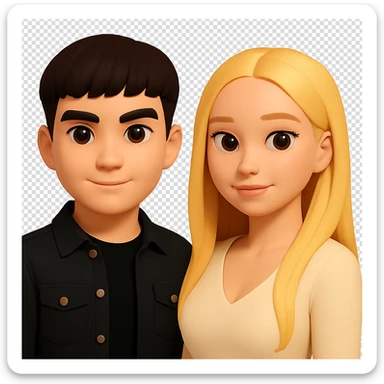 Slightly increase the volume of the upper body of the girl, separate the girl and the boy from each other, and make the skin color the same for both characters. Maintain the cartoon style and transparent background as in the original image. sticker