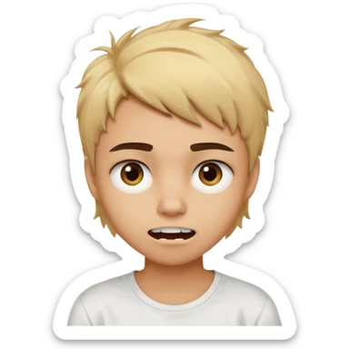 caramel skin color. Teen age. Short buzz, messy blonde hair, dark brown bushy eyebrows large expressive golden-brown eyes, brown skin color, scar over nose, wearing a plain white t-shirt. Mouth expression showing teeth sticker