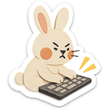 full-body vanilla bunny typing fast on a keyboard, cheeks puffed, paper-craft style sticker