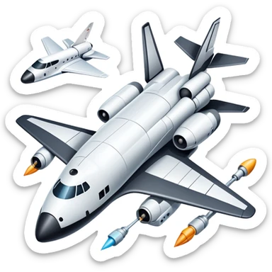 An icon featuring a space shuttle, a drone, and an airplane, symbolizing aerospace technology. The design includes rockets, flight paths, and satellites, representing space exploration and aviation. Transparent background highlights the cutting-edge technologies in air and space travel sticker