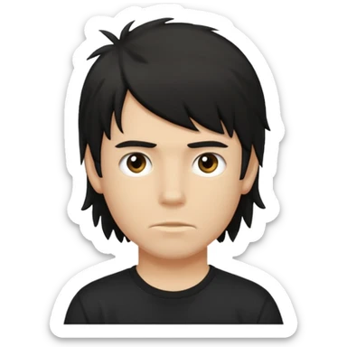 a light tan boy with messy a black mullet. wearing a black tshirt sticker