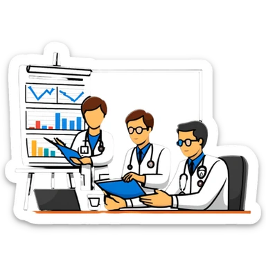 Emergency medical team in a committee meeting with charts and funding documents sticker