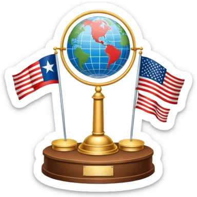 An icon featuring a podium with a speaker, national flags, and voting ballots, symbolizing political science. The design includes a globe and scales of justice in the background, representing governance, global affairs, and political theory. Transparent background emphasizes civic engagement sticker