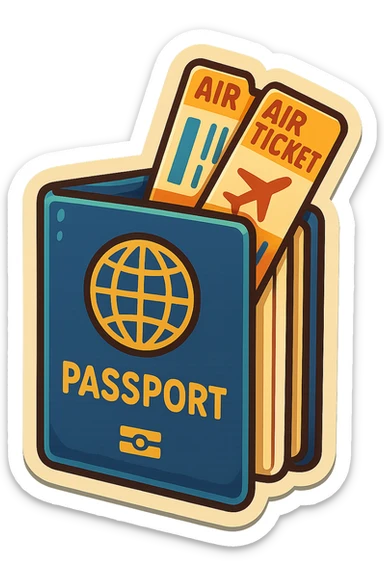 retro sticker-style illustration of an open passport with two airline tickets sticking out, bold outlines, juicy colors, expressive shadows and highlights, playful and glossy look sticker