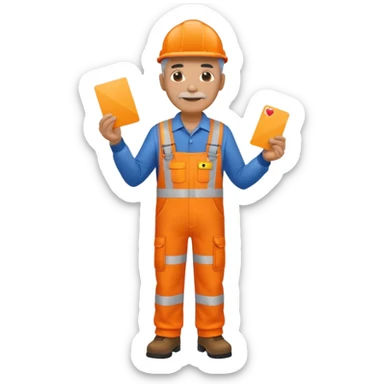 older engineer hi-vis orange overalls full body holding a card sticker