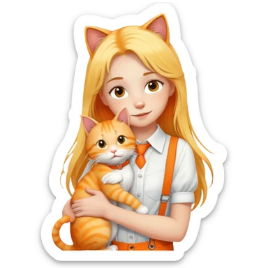 Caucasian girl - long yellow hair - white suspenders - hugging - a orange cat sticker