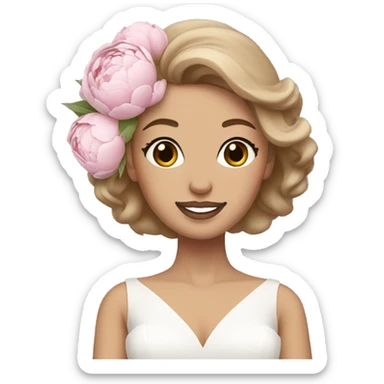 White bride with light brown hair with white and pink peonies bouquet  sticker