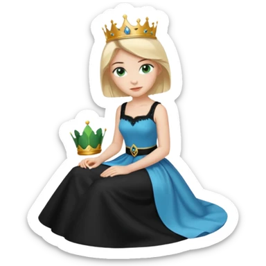 prince,  black Hair, blue eyes, garment,  woman, siiting on prince, white sleveless dress, blonde hair, green eyes, sticker