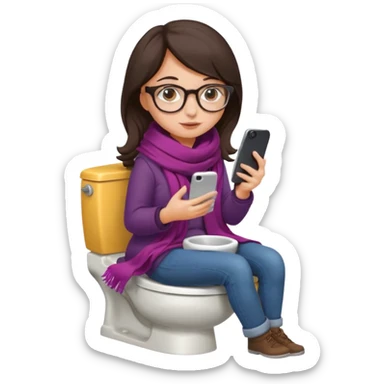Fille châtain foncé avec lunettes. Elle porte une grosse écharpe. Elle est dans une cuvette de toilette. Téléphone en main sticker