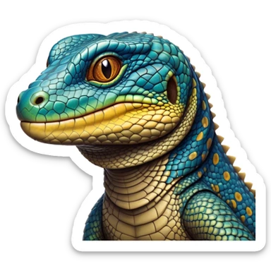 Cinematic Noble Monitor Lizard Portrait Emoji, Poised and regal, with a robust, scaled body exhibiting striking, mottled patterns and piercing, alert eyes, Simplified yet sharp and sophisticated features, highly detailed, glowing with a soft, earthy glow, high shine, intelligent and formidable, stylized with an air of ancient wilderness, focused and commanding, soft glowing outline, capturing the essence of a watchful and confident reptilian guardian that appears ready to stride out of the screen with effortless authority! sticker