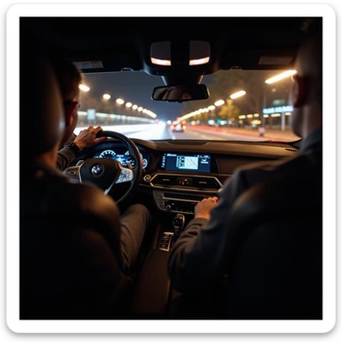 BMW Series 7 2024, inside view from driver’s seat at night, one hand on wheel, motion blur, Bucharest city lights outside, photorealistic sticker