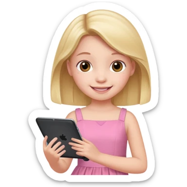 kid girl hold a tablet, pink dress sticker