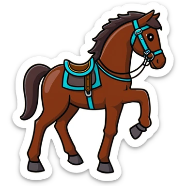 Dark chestnut horse with turquoise western tack full body standing still sticker