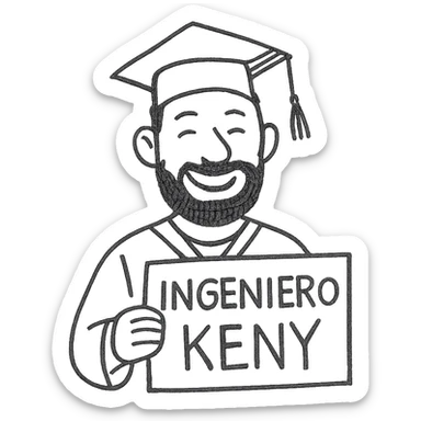 graduado universitario sonriente con barba, sosteniendo un cartel con la palabra INGENIERO KENY, estilo dibujo a mano, detalles divertidos, fondo blanco sticker