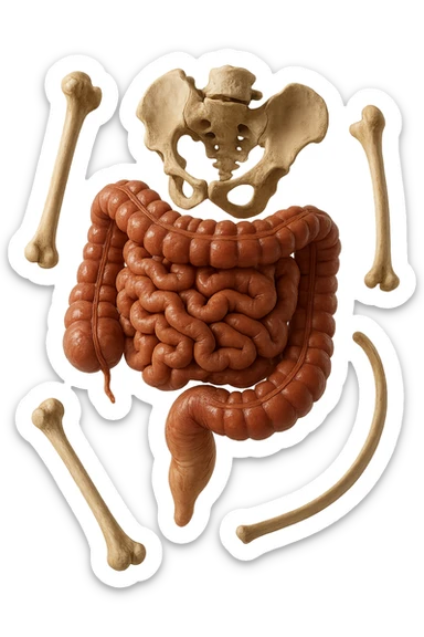 intestino umano anatomico e ossa umano anatomico fluttuano in aria, iperrealistico 4k sticker